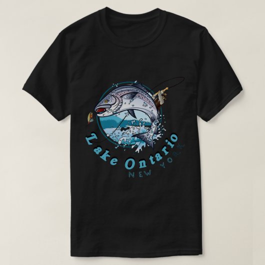 ニューヨークフィッシュレイクオンタリオサーモン魚釣りスポーツFi Tシャツ (デザイン正面)