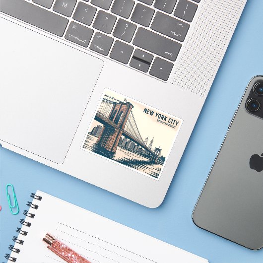 ニューヨークブルックリンブリッジスカイラインはっきりしたレトロ旅行 シール (ノートパソコンとiPhone)