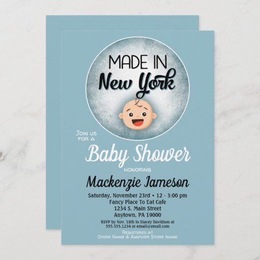 ニューヨークベビーシャワーブルーおもしろいボーイズ招待状 招待状 (正面/裏面)