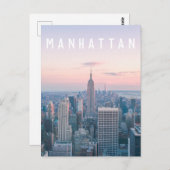 ニューヨークマンハッタン文字ピンクブルースカイライン ポストカード (正面/裏面)