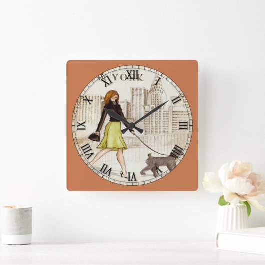 ニューヨークレディ歩くドッグローマン数字 スクエア壁時計 (ホーム)