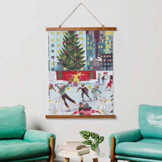 ニューヨークロックフェラーセンタークリスマススケートで滑るタップ 吊り下げ型タペストリー (リビング)