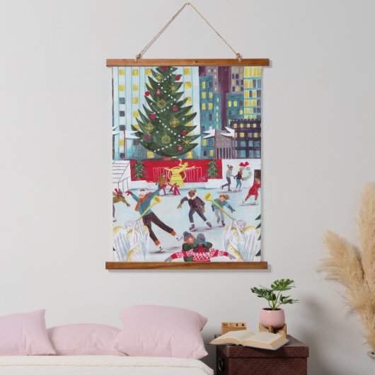 ニューヨークロックフェラーセンタークリスマススケートで滑るタップ 吊り下げ型タペストリー (寝室)