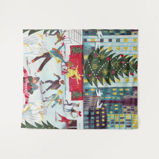 ニューヨークロックフェラーセンタークリスマススケートで滑る タペストリー (正面(横))