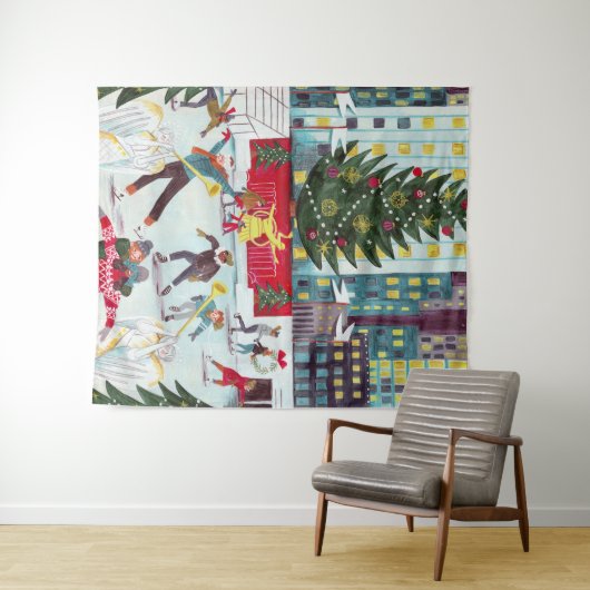 ニューヨークロックフェラーセンタークリスマススケートで滑る タペストリー (インサイチュ(横))