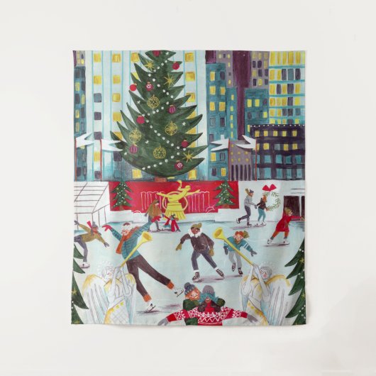 ニューヨークロックフェラーセンタークリスマススケートで滑る タペストリー (正面)