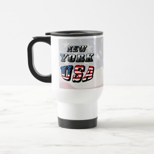 ニューヨーク写真と米国国旗の文字 トラベルマグ (左)