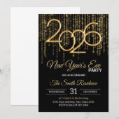 ニューヨーク大晦日パーティーのブラック＆ゴールドのコンフェッティ 招待状 (正面/裏面)
