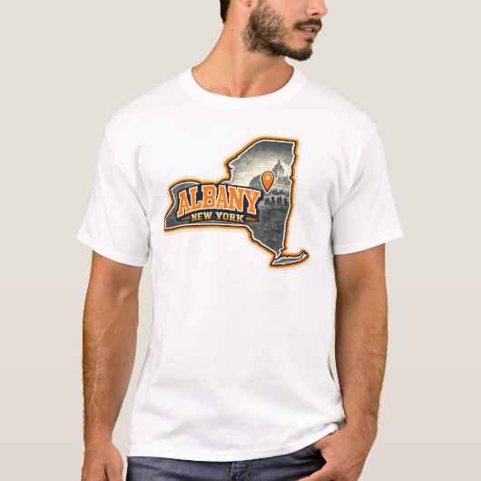 ニューヨーク州オールバニ州の概要地図ラベルデザイン Tシャツ (正面)