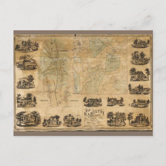 ニューヨーク州マディソン郡ハミルトンの地図(1858) ポストカード (正面)