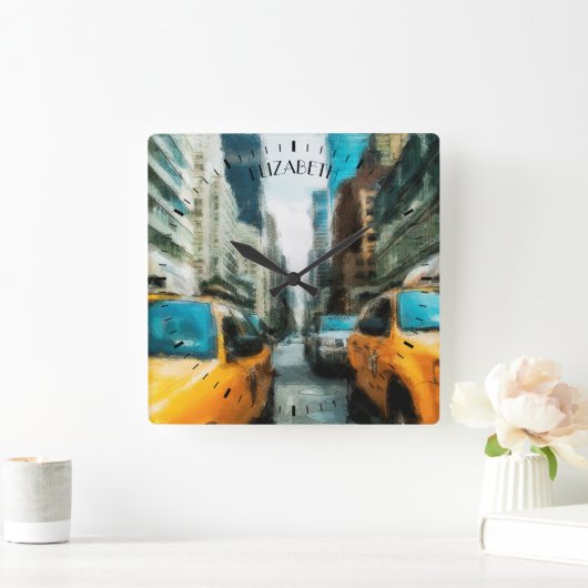 ニューヨーク市で雨が降った後の黄色のタクシー客室 スクエア壁時計 (ホーム)