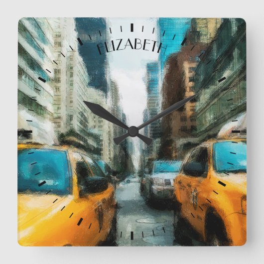 ニューヨーク市で雨が降った後の黄色のタクシー客室 スクエア壁時計 (正面)