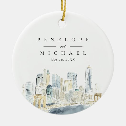 ニューヨーク市の水の色のスカイライン結婚の写真 セラミックオーナメント (正面)