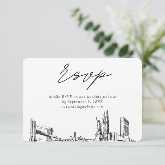 ニューヨーク市の結婚ミニマリストスケッチRSVP エンクロージャーカード (スタンド正面)