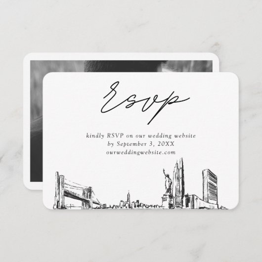 ニューヨーク市の結婚ミニマリストスケッチRSVP エンクロージャーカード (正面/裏面)