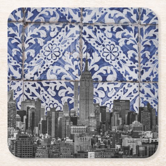 ニューヨーク市の超高層ビルがポルトガルのタイルに出会う スクエアペーパーコースター (正面)