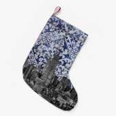 ニューヨーク市の超高層ビルがポルトガルのタイルに出会う スモールクリスマスストッキング (正面 (吊り時))