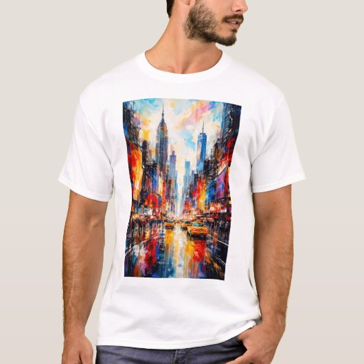 ニューヨーク市カラフル抽象的スカイライン ウォールアート Tシャツ (正面)