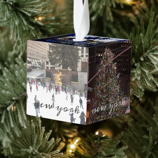 ニューヨーク市クリスマスツリーライトタクシー写真 キューブオーナメント (ツリー)