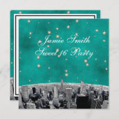 ニューヨーク市スカイライン エッチング 2 ティール ゴールド スター スイート 16 招待状 (正面/裏面)