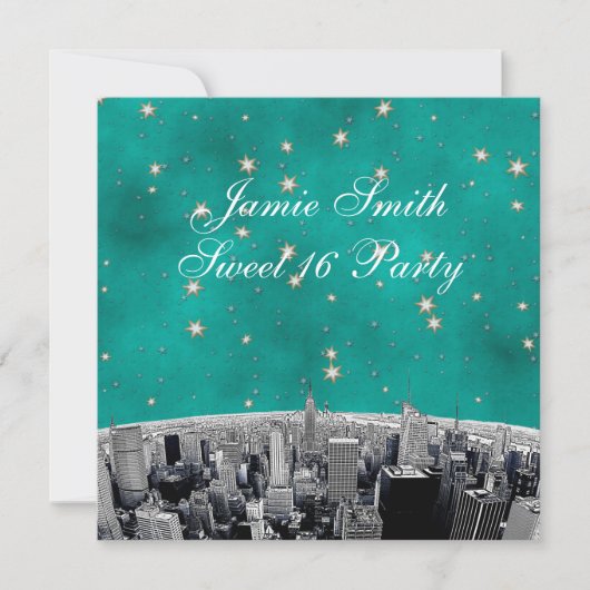 ニューヨーク市スカイライン エッチング 2 ティール ゴールド スター スイート 16 招待状 (正面)