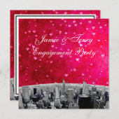 ニューヨーク市スカイライン エッチング #2 ピンク レッド ハート 婚約 招待状 (正面/裏面)