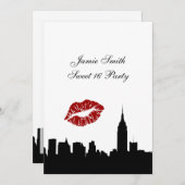 ニューヨーク市スカイライン シルエット, キス ESB #1 白黒 スイート 16 バーティー招待状 招待状 (正面/裏面)