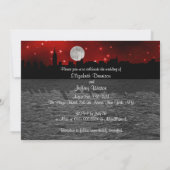 ニューヨーク市スカイライン シルエット 月 赤い結婚式 招待状 (裏面)