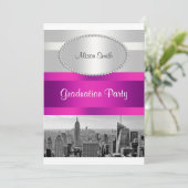 ニューヨーク市スカイライン モノクローム 05 白 ホットピンク 卒業パーティー招待状 招待状 (スタンド正面)