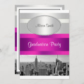 ニューヨーク市スカイライン モノクローム 05 白 ホットピンク 卒業パーティー招待状 招待状 (正面/裏面)