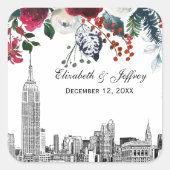 ニューヨーク市スカイラインESBエッチング バーガンディ グリーン フローラル ウォーターカラー スクエアシール (正面)