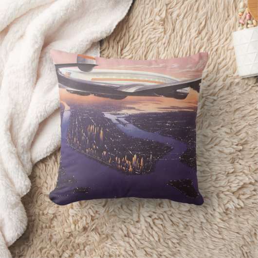 ニューヨーク市ハドソン川上空のヴィンテージ飛行機 クッション (ブランケット)