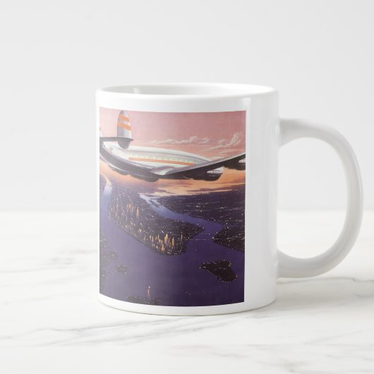 ニューヨーク市ハドソン川上空のヴィンテージ飛行機 ジャンボコーヒーマグカップ (右)