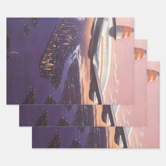 ニューヨーク市ハドソン川上空のヴィンテージ飛行機 ラッピングペーパーシート (セット)