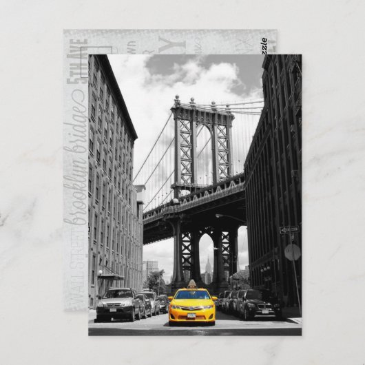 ニューヨーク市マンハッタンブリッジ近くのイエローキャブ ポストカード (正面/裏面)