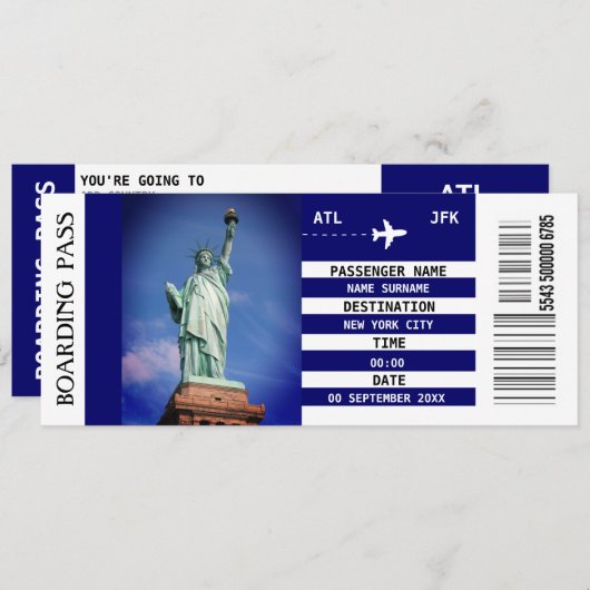 ニューヨーク市搭乗券サプライズパーティー 招待状 (正面/裏面)