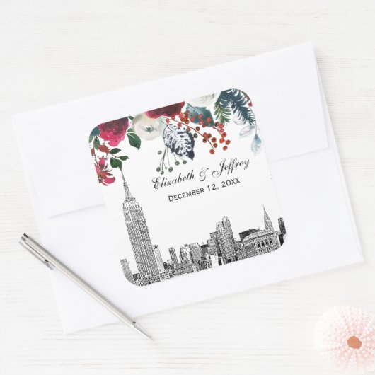 ニューヨーク市空撮風景 ESB 蚤色 グリーン フラワープリント スクエアシール (封筒)