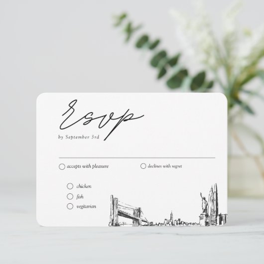 ニューヨーク市結婚のRSVP伝統的 Meal Option エンクロージャーカード (スタンド正面)