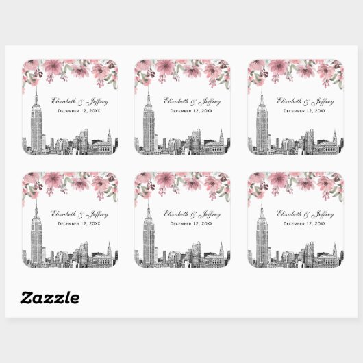 ニューヨーク市街のESBエッチングピンク花柄ウォーターカラー スクエアシール (シート)