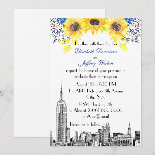 ニューヨーク市街 エッチング サンフラワー#2 フラワーリング ウェディング 招待状 (正面/裏面)