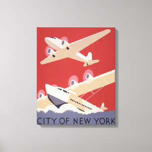 ニューヨーク市 ヴィンテージ飛行機WPAポスター キャンバスプリント