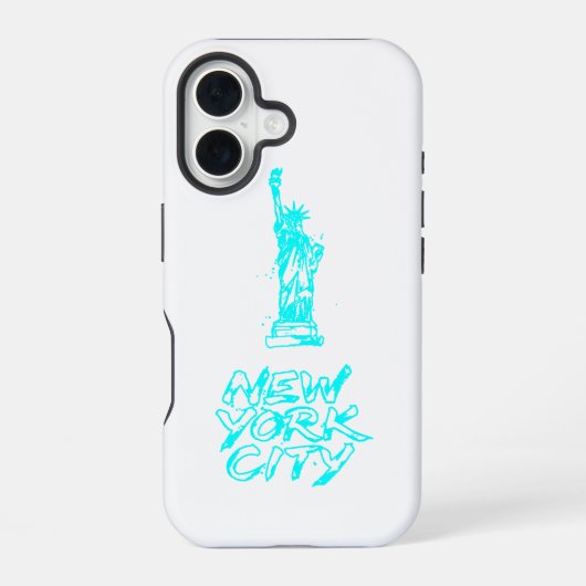 ニューヨーク市 自由の女神 ネオンシアン ブラシ iPhone 16ケース (裏面)