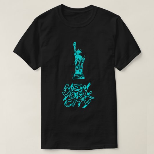 ニューヨーク市 自由の女神 ネオンシアン ブラシ Tシャツ (デザイン正面)