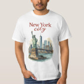 ニューヨーク市 - 象徴的な像とスカイラインTシャツ Tシャツ (正面)