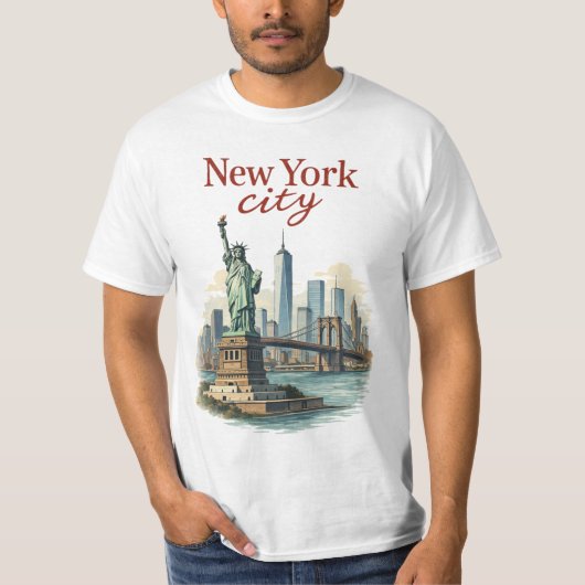 ニューヨーク市 - 象徴的な像とスカイラインTシャツ Tシャツ (正面)