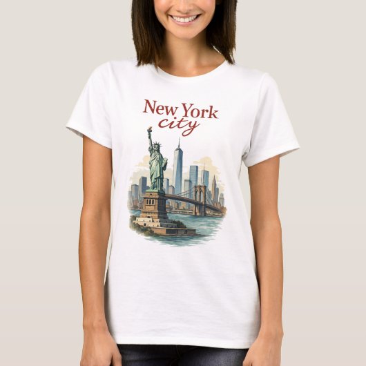 ニューヨーク市 - 象徴的な像とスカイラインTシャツ Tシャツ (正面)
