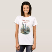 ニューヨーク市 - 象徴的な像とスカイラインTシャツ Tシャツ (正面フル)