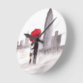 ニューヨーク愛カップル赤い傘の記念日 ラウンド壁時計 (傾斜)
