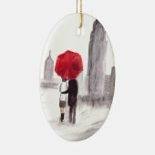 ニューヨーク愛カップル赤い傘NYC水色 セラミックオーナメント (右)