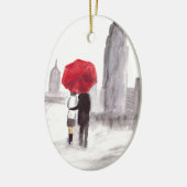 ニューヨーク愛カップル赤い傘NYC水色 セラミックオーナメント (左)